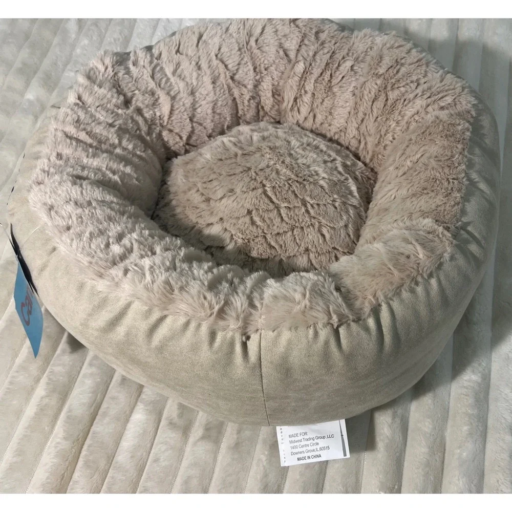 Canine Trends Bagel Pet Bed Tan Faux‎ Fur Bolster Round Small Dog Cat 18in NEW